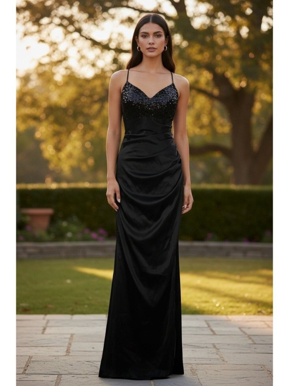 City Studio Black Sequin Formal Gown Size Small Ruched Spaghetti Strap Prom Glam
